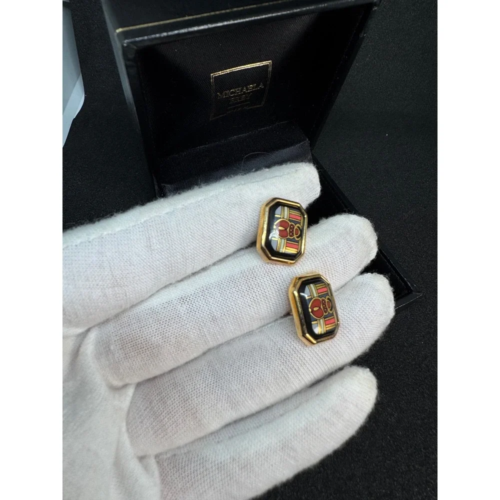 Michaela Frey Wien Enamel Cufflinks‎ Vintage Gold Tone Rectangular original Box